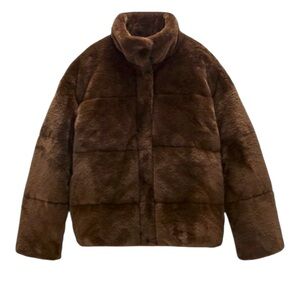 ZARA Brown Faux Fur Puffer Front Zipper High Neck Jacket SZ Large